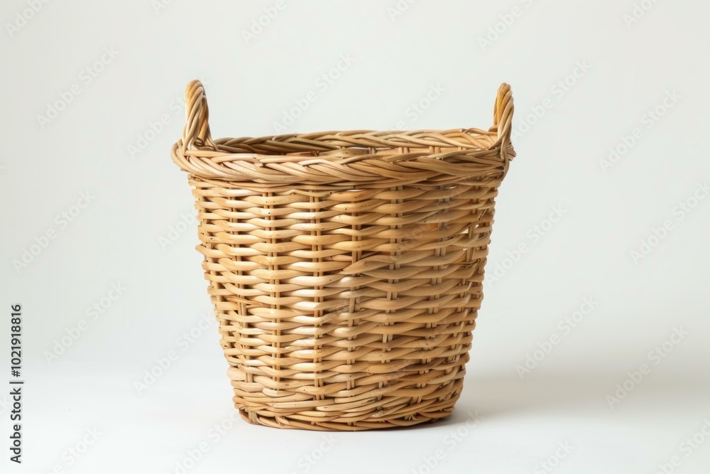 Empty wicker laundry basket is standing on a white background, crafted from natural materials with woven details Empty wicker laundry basket is standing on a white background, crafted from natural materials with woven details