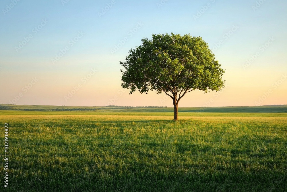 A single tree in a vast field during sunset, casting a long shadow across the grass. A single tree in a vast field during sunset, casting a long shadow across the grass.