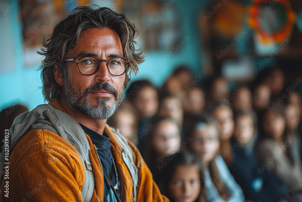 A teacher leading students in a creative storytelling session, where each contributes to a shared narrative. Concept of education. A teacher leading students in a creative storytelling session, where each contributes to a shared narrative. Concept of education.