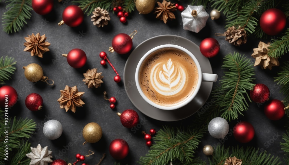 Cozy holiday vibes with a cup of coffee nestled among festive ornaments and pine branches Cozy holiday vibes with a cup of coffee nestled among festive ornaments and pine branches