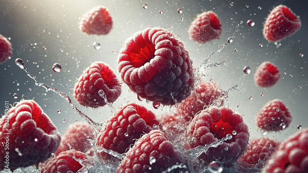 Obraz premium Frozen Raspberries in Splashing Water