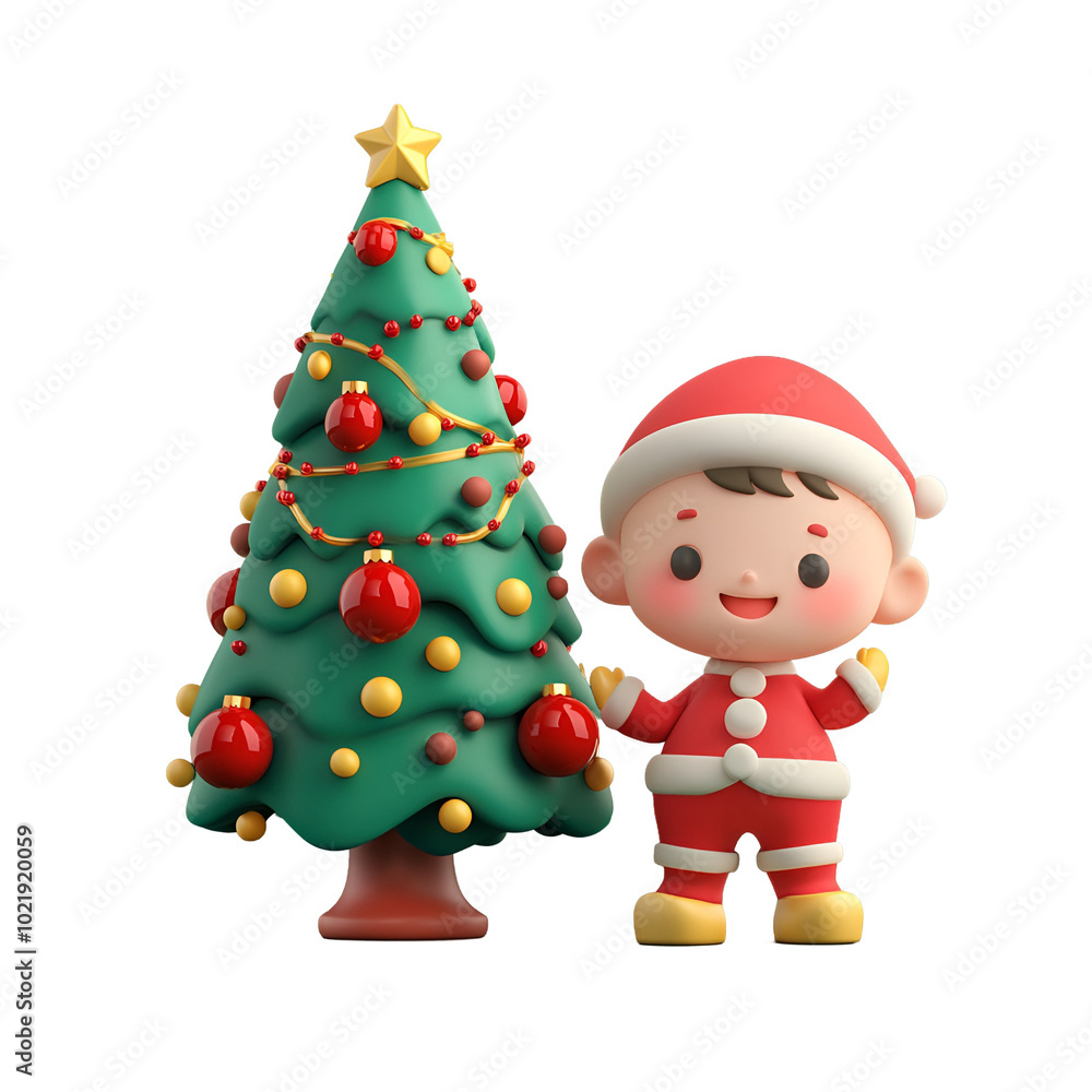 Illustration of a Christmas Character: Elf and a Big Christmas Tree 3D Render Cartoon, Isolated on Transparent Background, PNG Illustration of a Christmas Character: Elf and a Big Christmas Tree 3D Render Cartoon, Isolated on Transparent Background, PNG