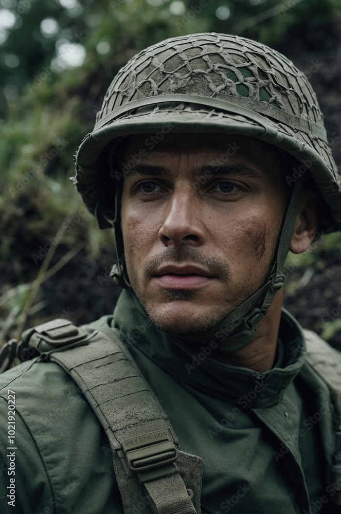 Reconnaissance man navigates a muddy trench, keeping vigilant during intense military operation in a wartime environment. Reconnaissance man navigates a muddy trench, keeping vigilant during intense military operation in a wartime environment.