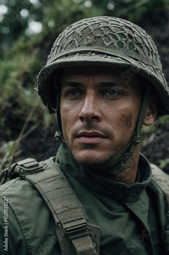 Reconnaissance man navigates a muddy trench, keeping vigilant during intense military operation in a wartime environment.