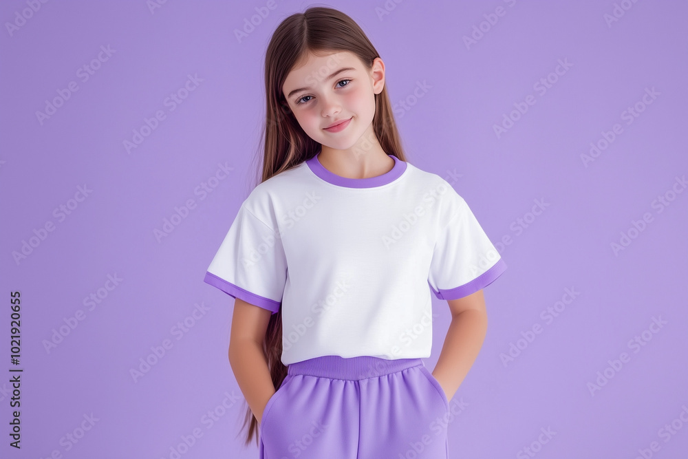 Person in white t-shirt with purple edges and purple sweatpants, purple studio background, half-body portrait Person in white t-shirt with purple edges and purple sweatpants, purple studio background, half-body portrait