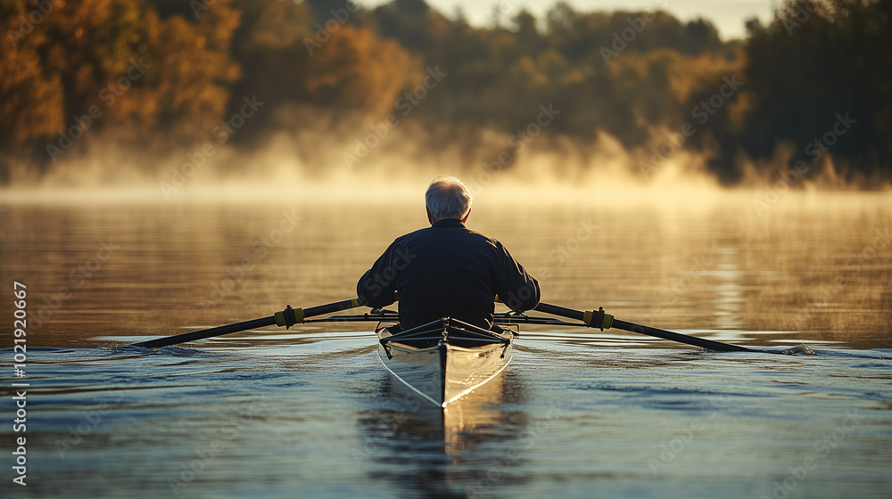 Im enjoying a solo row in the morning mist, gliding over calm waters with beautiful views. Image made using Generative AI. Im enjoying a solo row in the morning mist, gliding over calm waters with beautiful views. Image made using Generative AI.