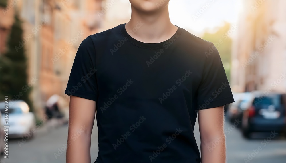 Young Man Shirt Mockup, Boy wearing a black t-shirt on the street in daylight, Shirt Mockup Template Young Man Shirt Mockup, Boy wearing a black t-shirt on the street in daylight, Shirt Mockup Template