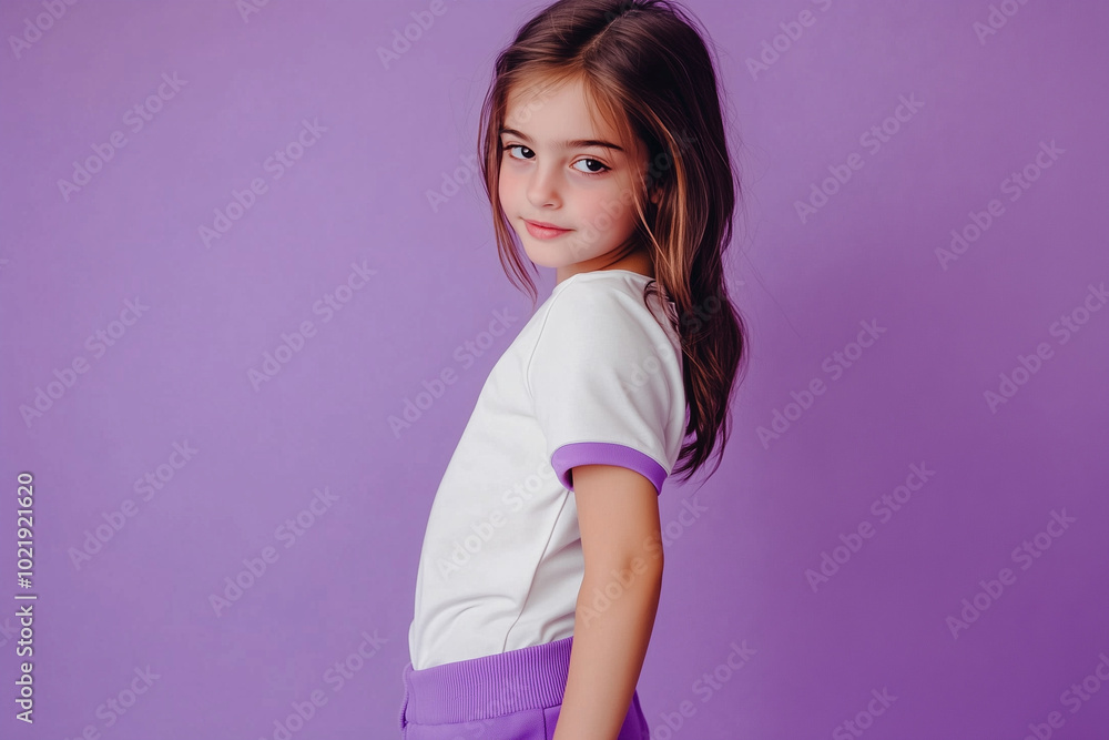 Person in white t-shirt with purple edges and purple sweatpants, purple studio background, half-body portrait Person in white t-shirt with purple edges and purple sweatpants, purple studio background, half-body portrait