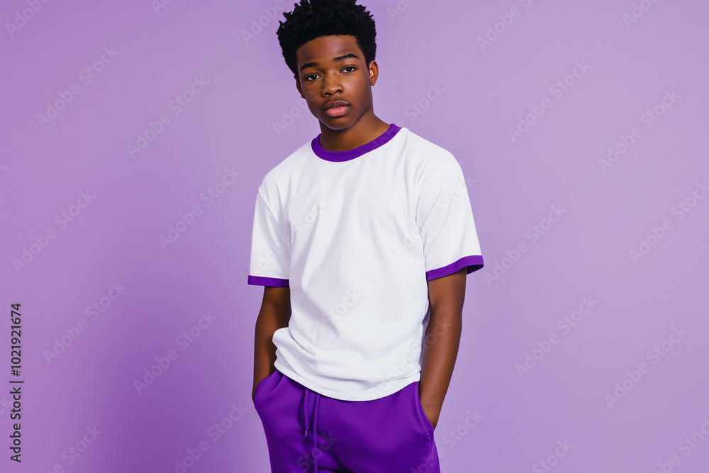 Obraz premium Person in white t-shirt with purple edges and purple sweatpants, purple studio background, half-body portrait