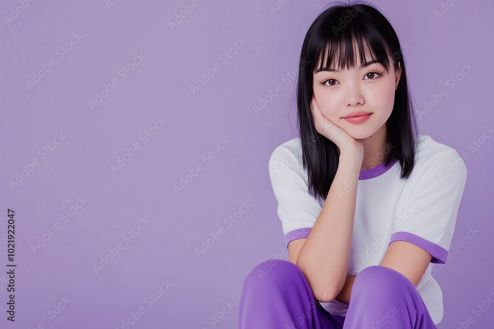 Person in white t-shirt with purple edges and purple sweatpants, purple studio background, half-body portrait Person in white t-shirt with purple edges and purple sweatpants, purple studio background, half-body portrait