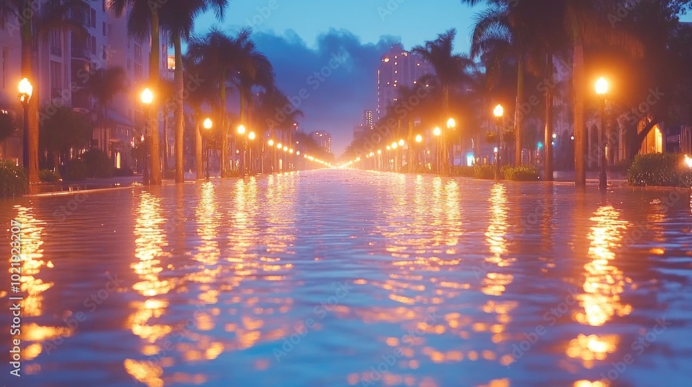 Tranquil dawn reflections on a flooded urban street with palm trees and city lights Tranquil dawn reflections on a flooded urban street with palm trees and city lights