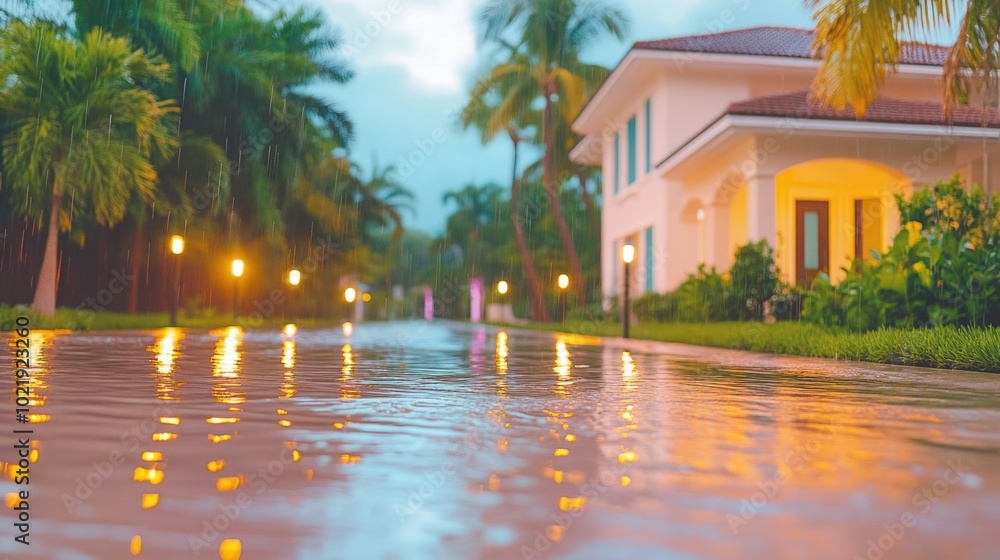 Rainy evening scene with warm lights reflecting on wet pathway near tropical house Rainy evening scene with warm lights reflecting on wet pathway near tropical house