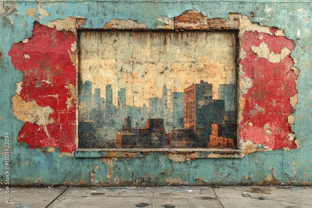 Fototapeta premium A once vibrant mural, now faded and peeling, showing how art can age with time. Concept of urban life.