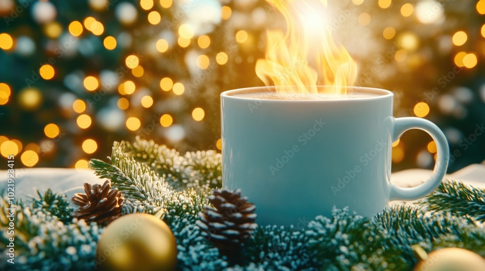 Warm festive mug amid holiday lights and pine cones for cozy christmas ambiance Warm festive mug amid holiday lights and pine cones for cozy christmas ambiance