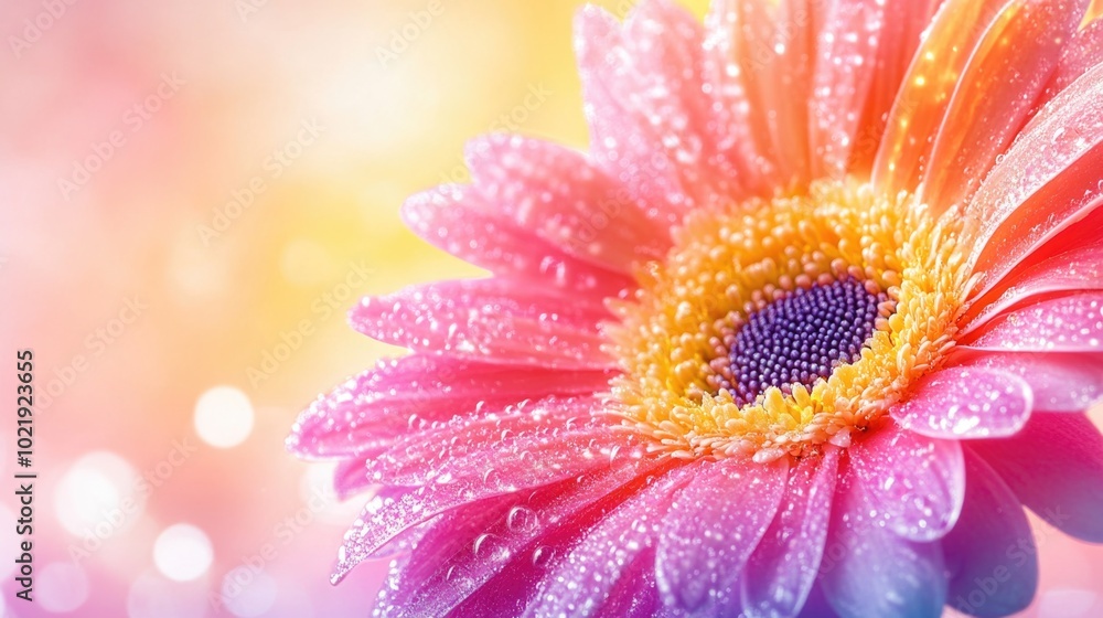 Vibrant pink daisy with dewdrops against a colorful bokeh background Vibrant pink daisy with dewdrops against a colorful bokeh background