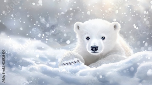  White polar bear sitting in snow with snowflakes on fur, looking at camera