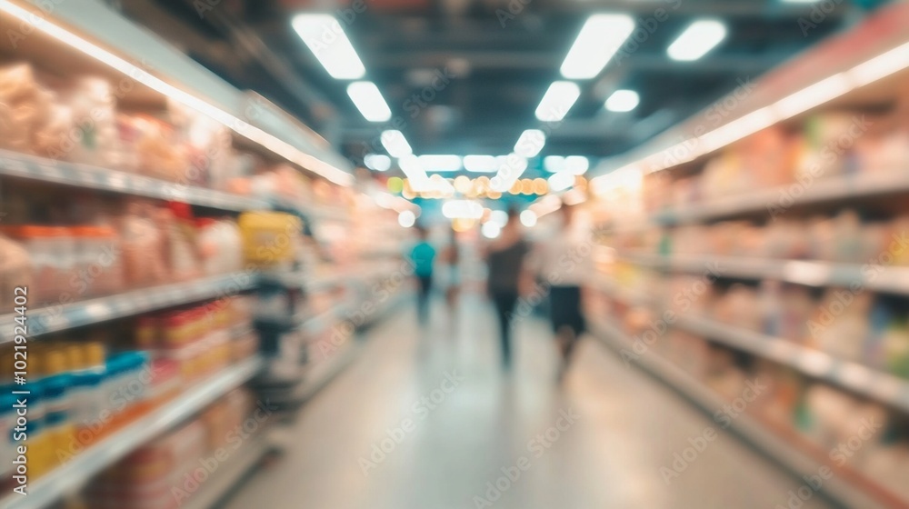 Blurred supermarket aisle with bright fluorescent lighting overhead, shelves stocked with colorful products, and indistinct figures shopping in the distance. Blurred supermarket aisle with bright fluorescent lighting overhead, shelves stocked with colorful products, and indistinct figures shopping in the distance.