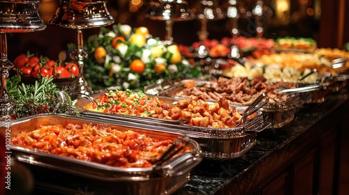 An elegant buffet display featuring a variety of delicious dishes, beautifully arranged with vibrant colors and garnishes.