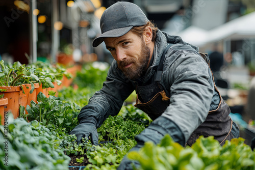 A gardener planting a vertical garden in an urban space, transforming unused areas into green spaces. Concept of urban gardening.