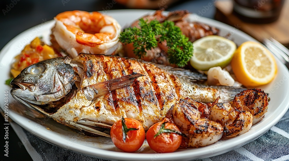 A beautifully plated seafood dish featuring grilled fish, shrimp, fresh vegetables, and garnishes with lemon slices. A beautifully plated seafood dish featuring grilled fish, shrimp, fresh vegetables, and garnishes with lemon slices.