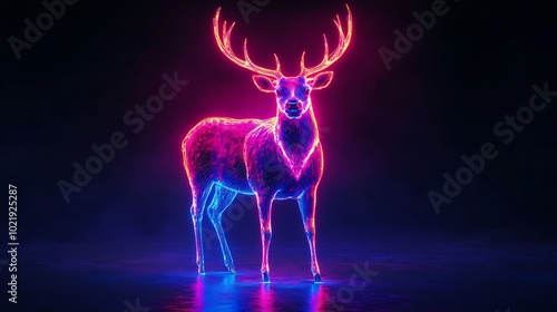 Beautiful 3d neon fantasy deer with glowing antlers a close up concept for party signage photo