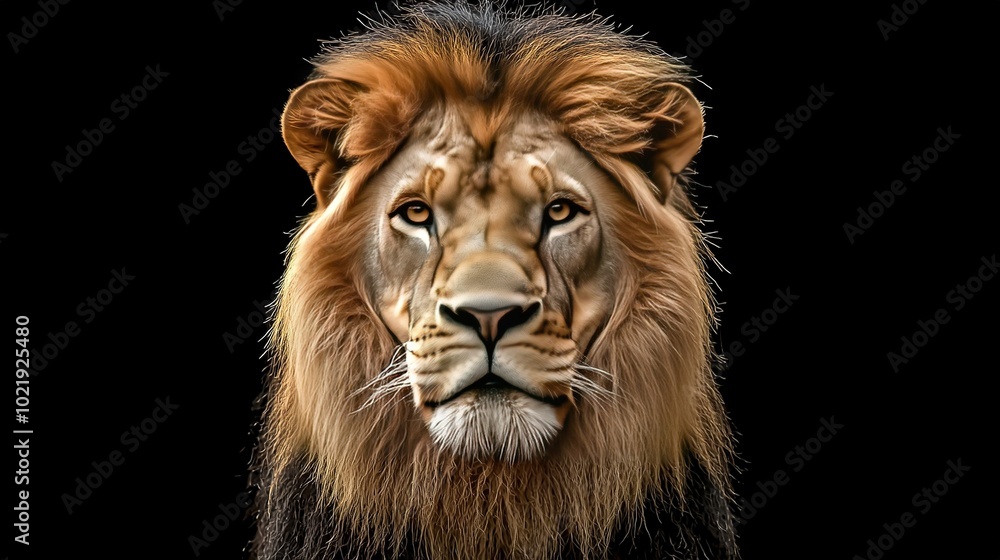 A sharp image of a lion's face against a black backdrop, with the eyes slightly blurred due to low lighting or camera settings A sharp image of a lion's face against a black backdrop, with the eyes slightly blurred due to low lighting or camera settings