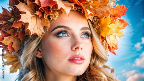 Beautiful young woman wearing a crown of autumn leaves, bright sky background, serene expression