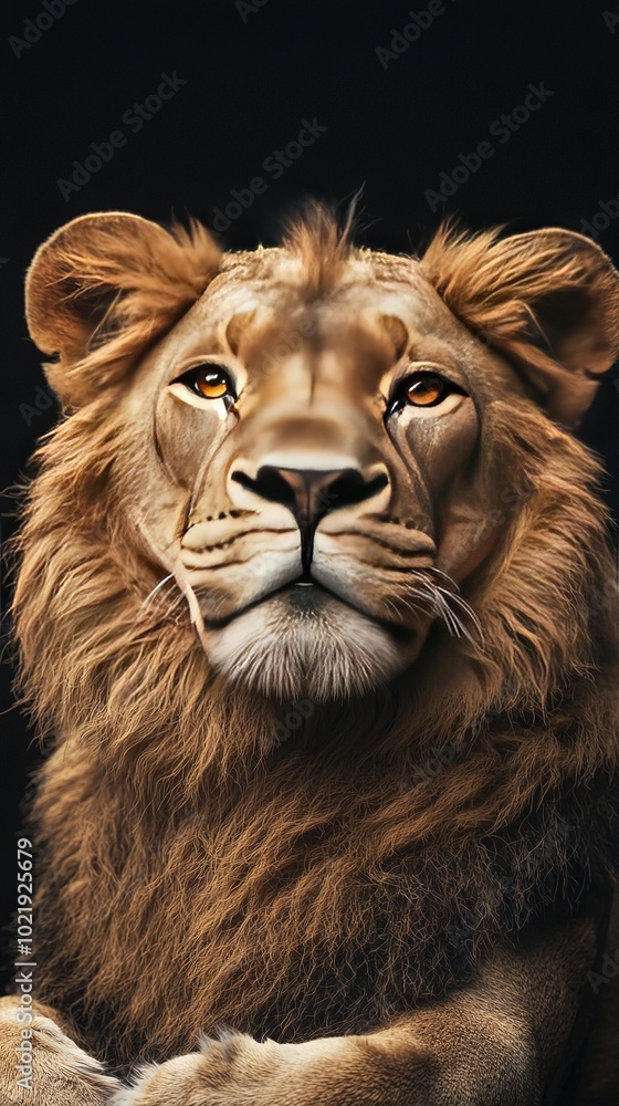 Fototapeta premium A lion's face in intense focus against a dark backdrop