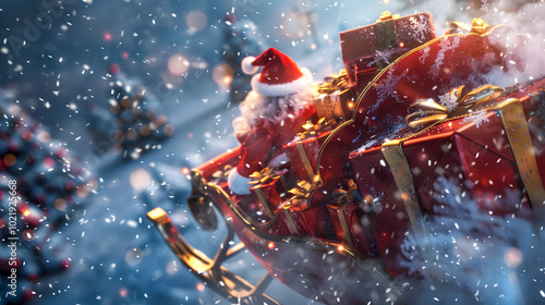 Santa Claus on Red Sleigh Christmas Gift Delivery