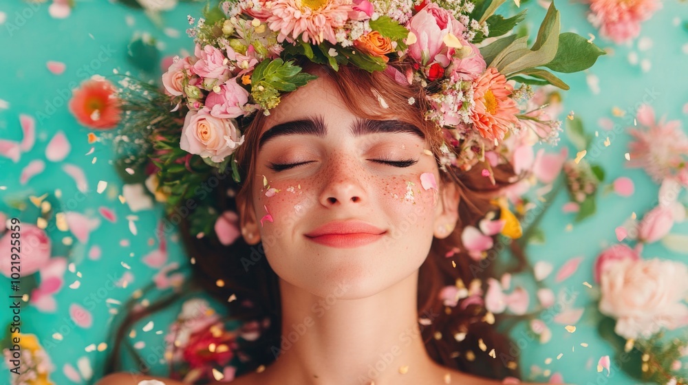 Serene woman with flower crown relaxing on floral background Serene woman with flower crown relaxing on floral background