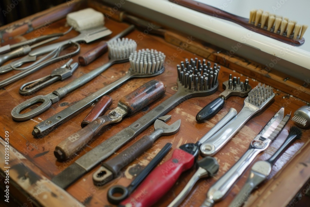 Variety of shoemaker tools laying on wooden desk in workshop, cobbler tools Variety of shoemaker tools laying on wooden desk in workshop, cobbler tools
