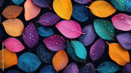Vibrant multicolored leaves with water droplets on dark surface