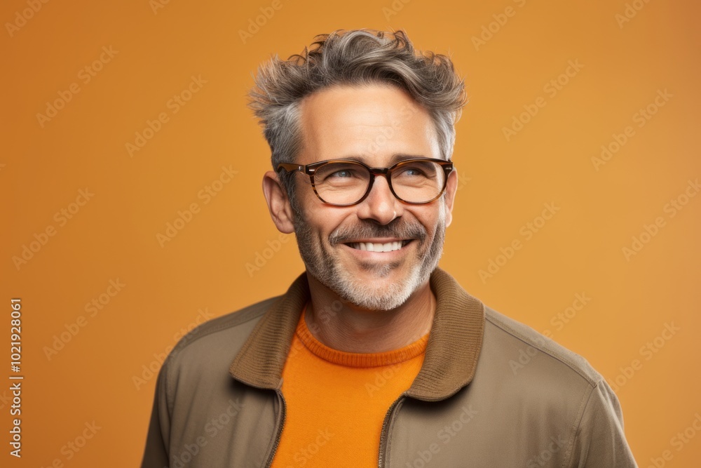 Handsome middle aged man in casual clothes and eyeglasses on orange background. Handsome middle aged man in casual clothes and eyeglasses on orange background.