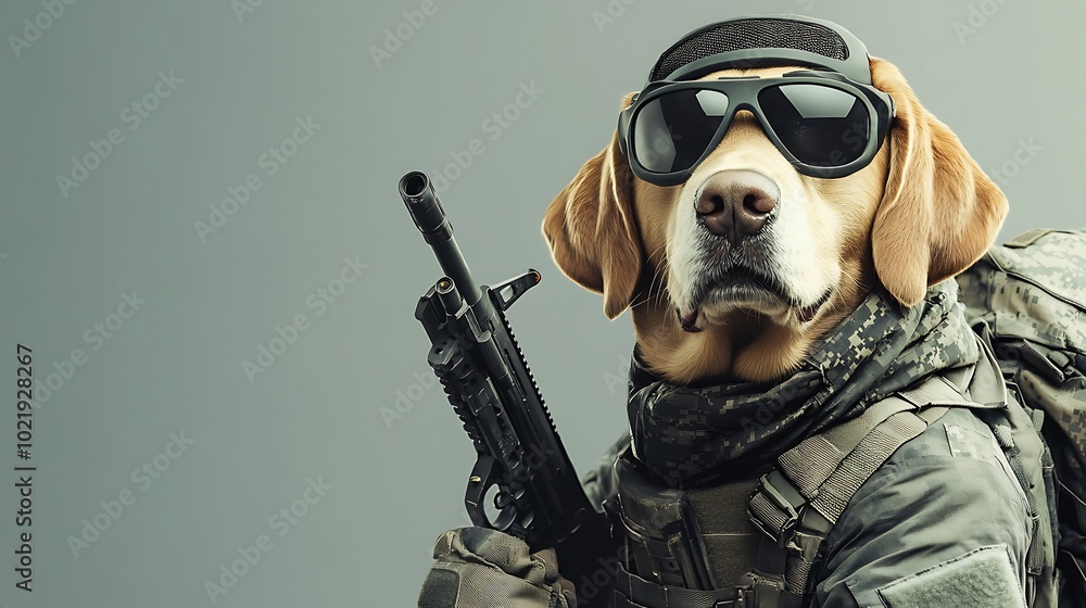 Funny Dog Soldier with Gun and Sunglasses Funny Dog Soldier with Gun and Sunglasses