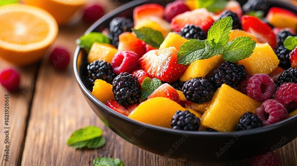 Oranges, raspberries, and mint in close-up on table Oranges, raspberries, and mint in close-up on table
