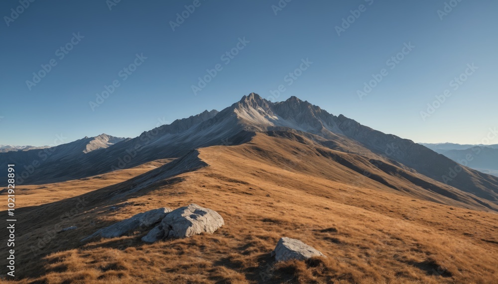 Majestic mountain range under a clear blue sky with golden fields in the foreground during a bright sunny day Majestic mountain range under a clear blue sky with golden fields in the foreground during a bright sunny day
