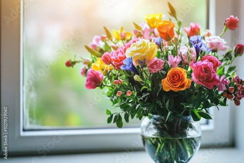 Wallpaper Mural A vibrant bouquet of flowers in a vase, placed on a windowsill with natural light.  Torontodigital.ca