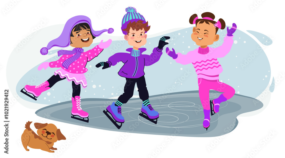 Naklejka premium Happy kids skating. Winter outdoor activity. Boy and girls in bright winter clothes. Cute little skaters and a dog. Cartoon children. Hand-drawn flat vector illustration.