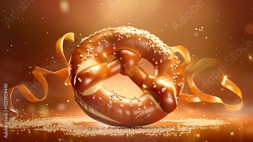 A traditional German pretzel with coarse salt on a rich brown background.