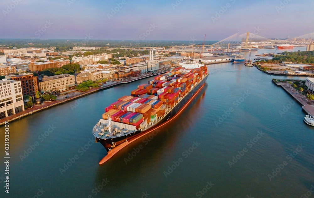 Naklejka premium Cargoship on the Savannah River at sunrise. Alongside is the waterfront of the North Historic District, Savannah, Georgia, United States.