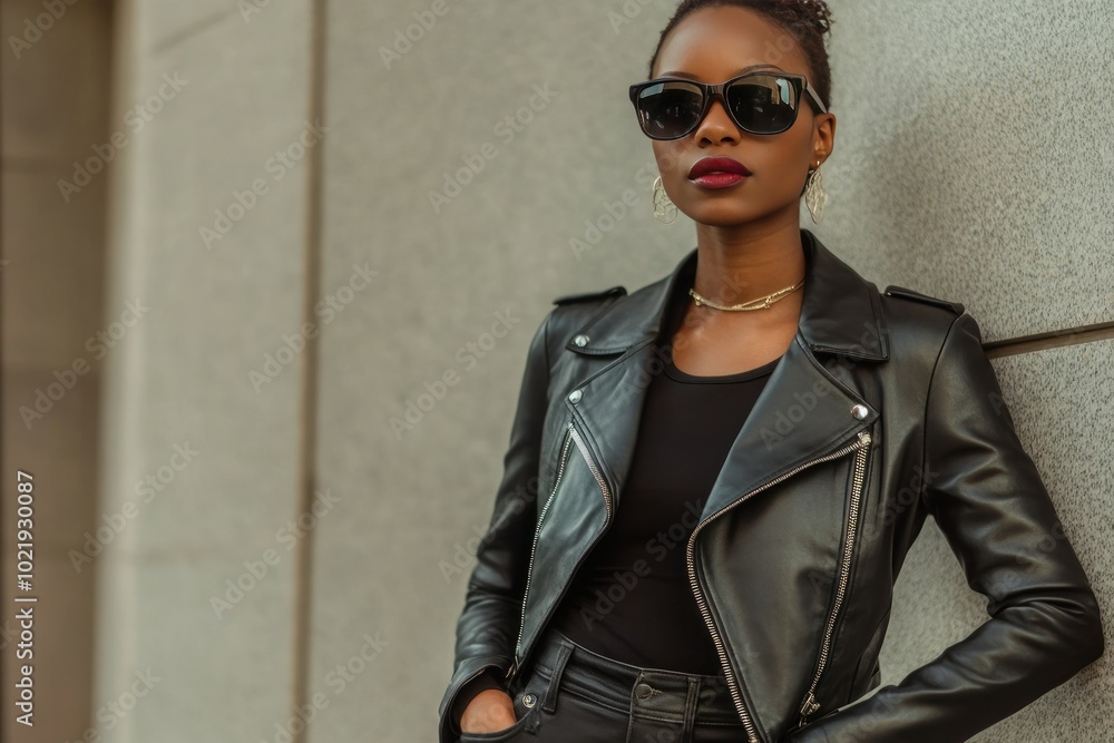 Confident Woman in Fashionable Black Leather Outfit Confident Woman in Fashionable Black Leather Outfit