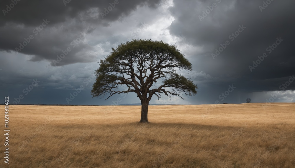 A solitary tree stands majestically against a dramatic sky with dark clouds above a golden grassland in the late afternoon light