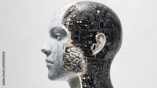 Abstract Human Head with Circuit Board and Brain, AI Technology Concept