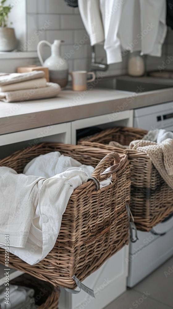 Cozy laundry room interior with woven baskets, soft linens, and neutral tones creating a serene and organized space for household chores and storage. Cozy laundry room interior with woven baskets, soft linens, and neutral tones creating a serene and organized space for household chores and storage.
