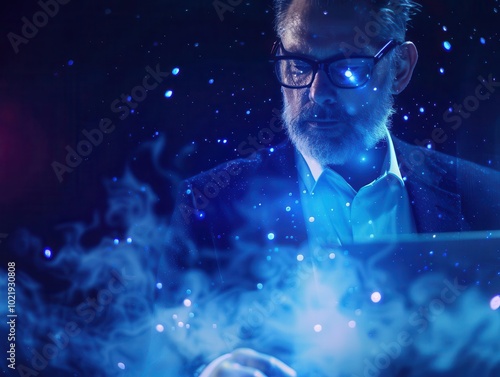 Wallpaper Mural seasoned executive gazing at laptop, immersed in virtual conference. ambient blue glow, particles swirling. sharp focus on face, suit details. futuristic yet professional atmosphere. Torontodigital.ca