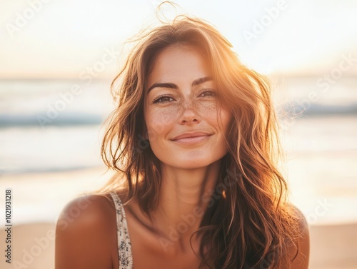 serene beachside portrait content 30-year-old woman basking in golden hour light. soft focus, gentle sea breeze, warm color palette. natural beauty, relaxed expression.