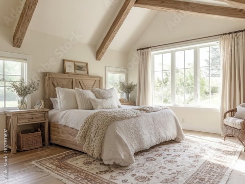 serene farmhouse bedroom bathed in soft, natural light. neutral tones, rustic wood elements, and airy textiles create a cozy yet elegant country retreat atmosphere.