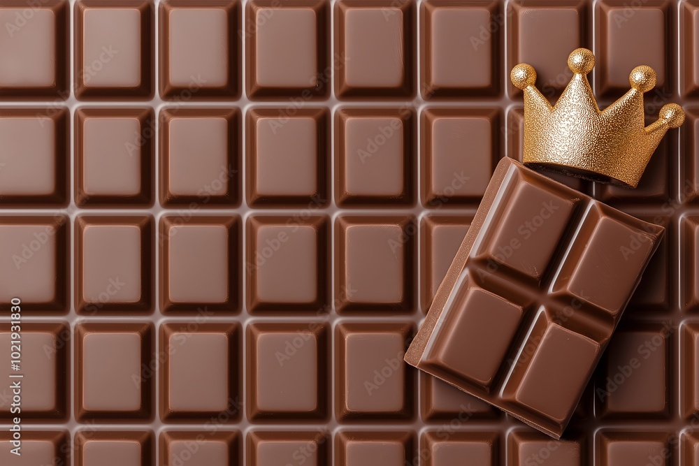 Fototapeta premium A Bar of Chocolate With a Tiny Golden Crown Resting on Top of the First Unwrapped Square