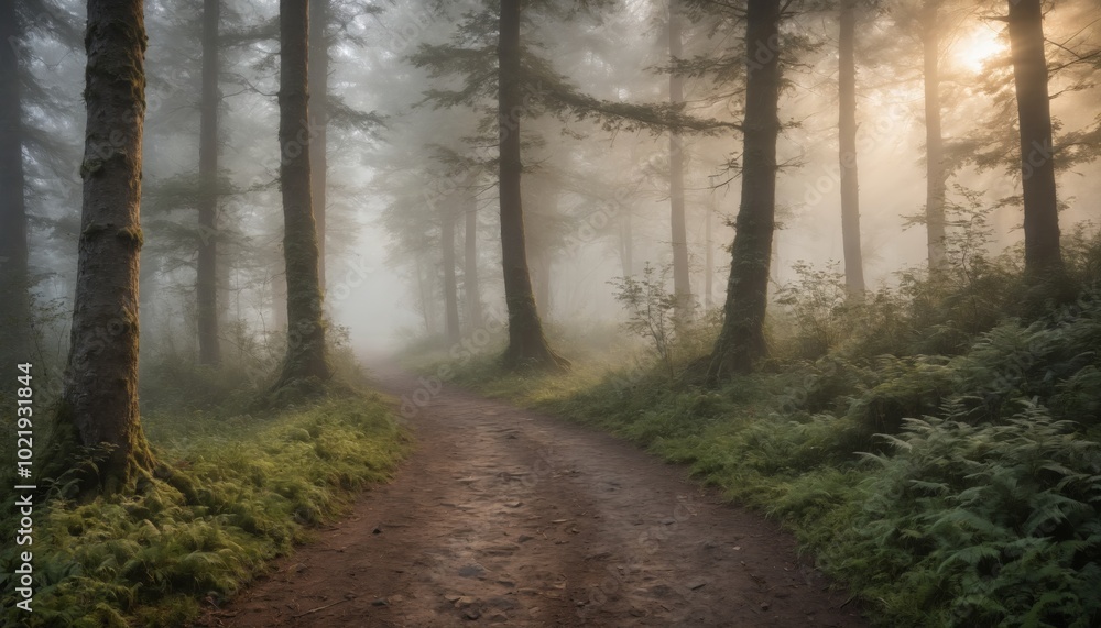 Fototapeta premium Misty forest trail at sunrise illuminating the path through towering trees in a tranquil wilderness setting