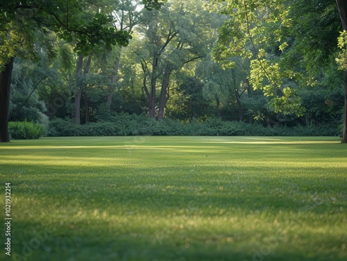 serene park landscape with lush green lawn in foreground, mature trees creating natural frame. soft, warm lighting suggesting early morning or late afternoon, inviting empty space for copy.